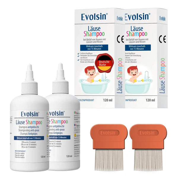 Evolsin Läuseshampoo Doppelpack mit 2 Läusekämmen für Erwachsene & Kinder